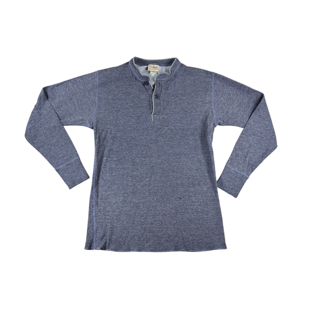 LL Bean Mens Henley Shirt Small Blue Marl Long Sleeve Two Button Placket Regular